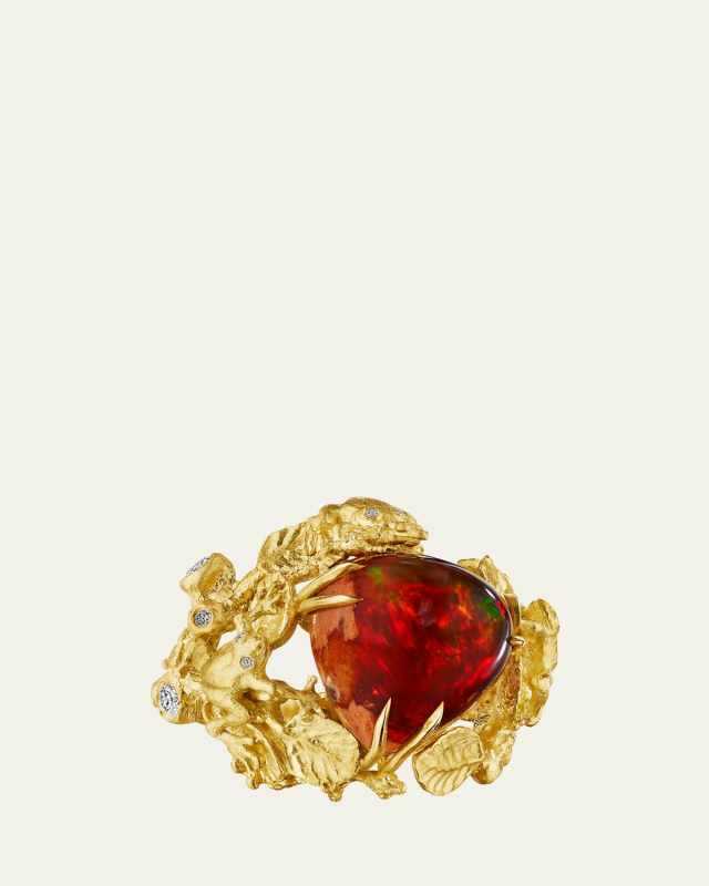 18K Yellow Gold Bespoke Mexican Fire Opal Treefrog Ring, Size
